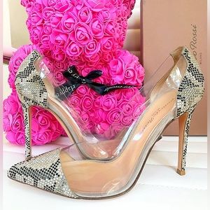 GIANVITO ROSSI 100MM PLEXI TEXTURED PVC EMBELLISHED LIGHT GRAY POINT TOE PUMPS